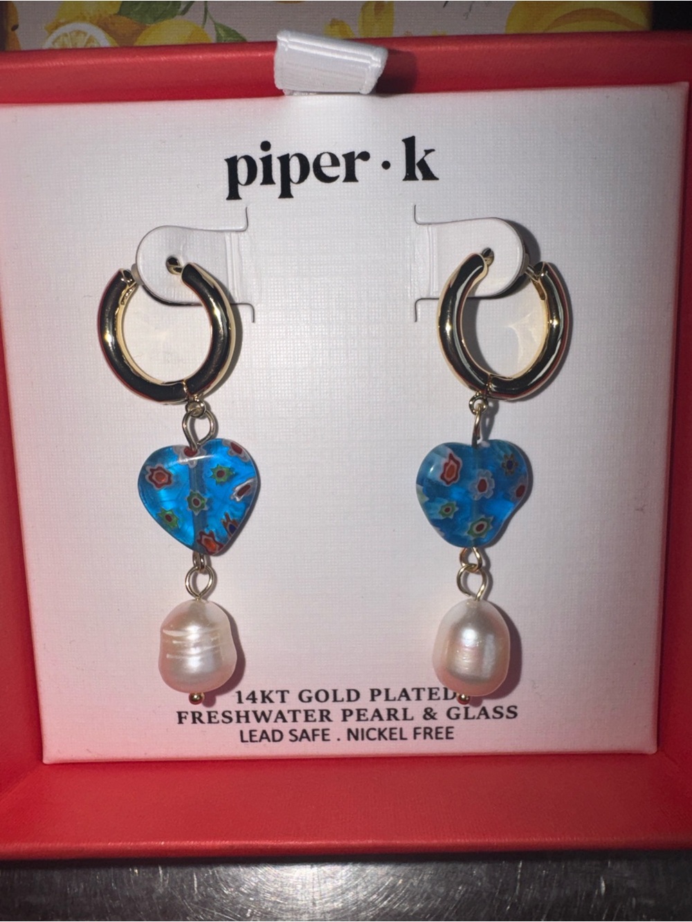 Piper K  Blue Heart Glass & Pearl Drop Hoop Earrings. NIB